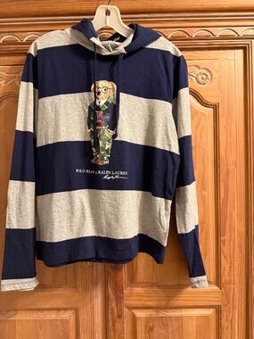 Polo Ralph Lauren Polo Bear Striped Rugby Hoodie Navy Gray Men’s Lightweight S